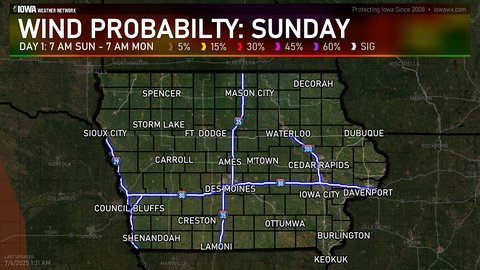 Day 1 SPC Convective Wind Probabilities Outlook for Iowa