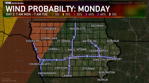 Day 2 SPC Convective Wind Probabilities Outlook for Iowa