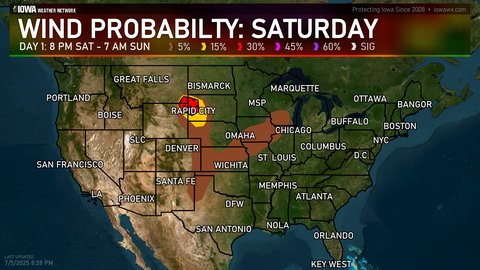 Day 1 SPC Convective Wind Probabilities Outlook for the US