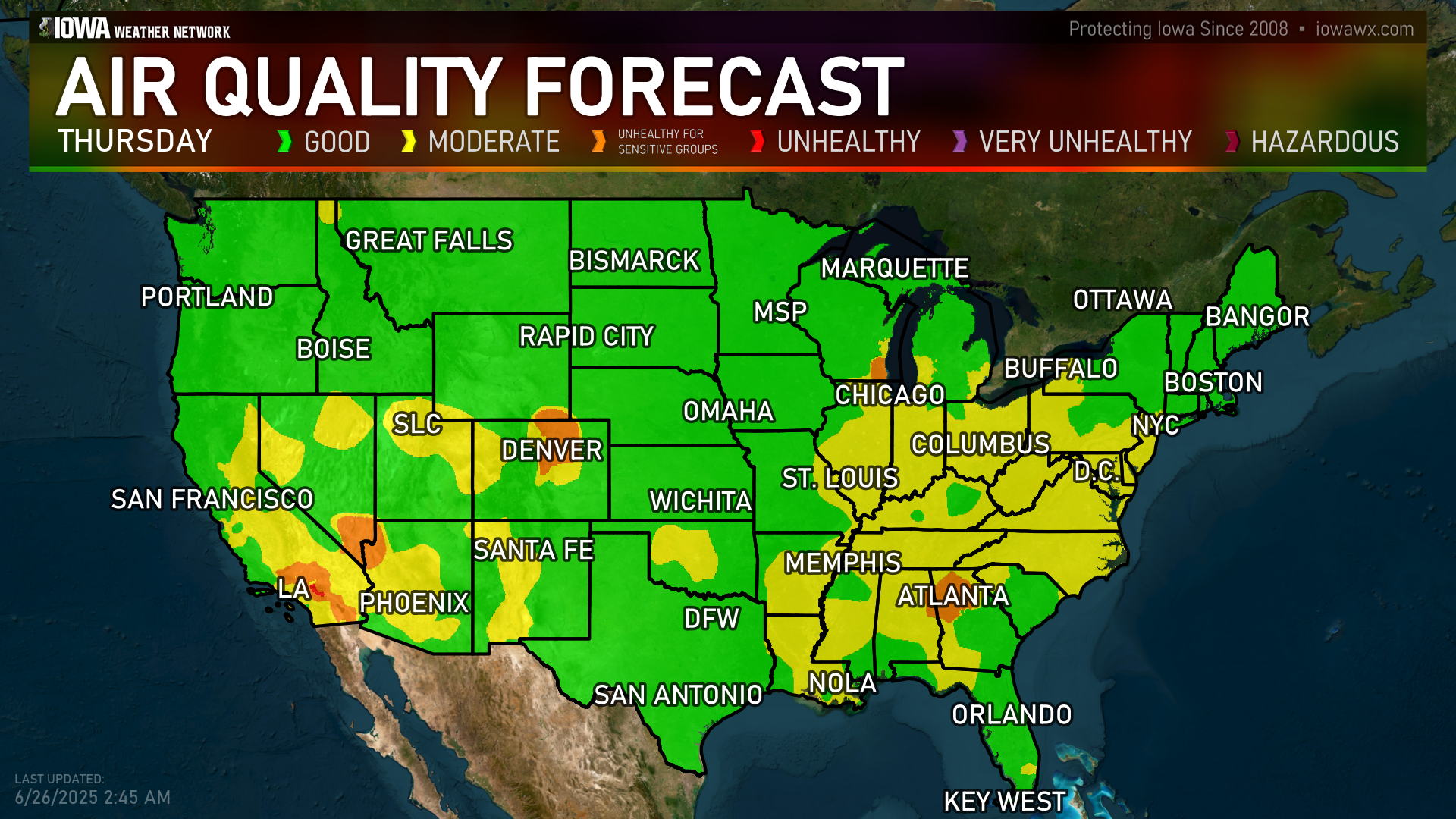 Today's Air Quality Index Forecast in the US