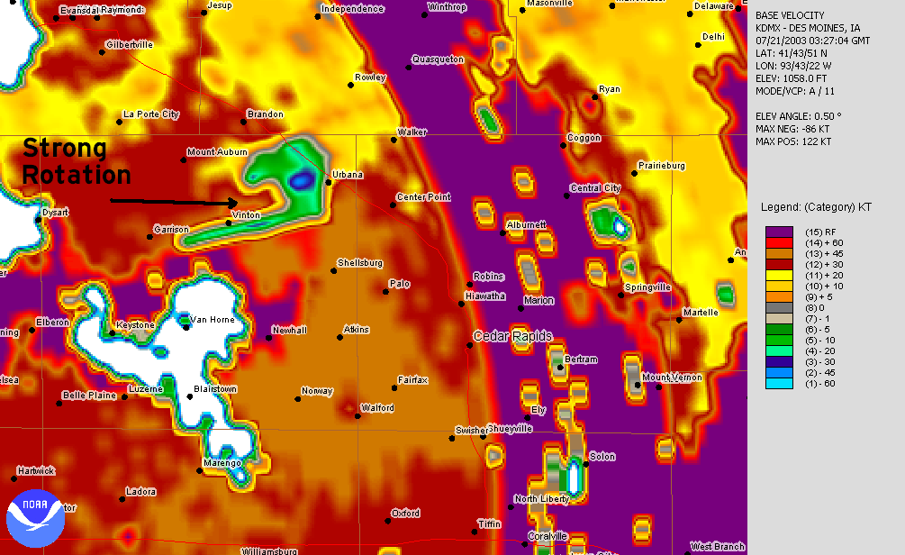 July 20, 2003 10:27 p.m. Des Moines radar image