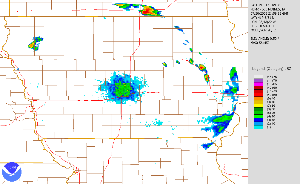 July 20, 2003 5:00 p.m. Des Moines radar image